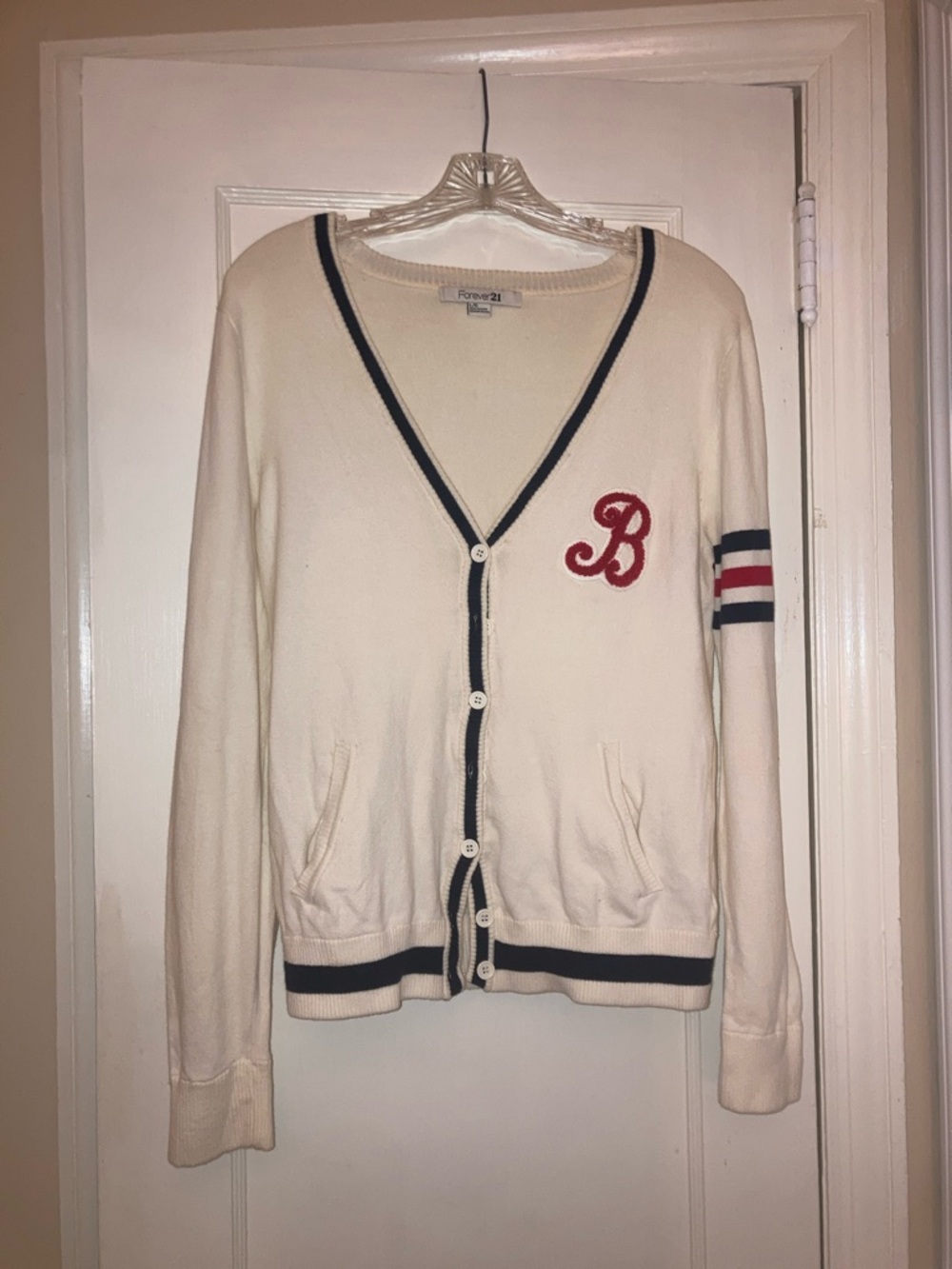 Forever 21 Cream Cardigan with Black Trim & Red Patch